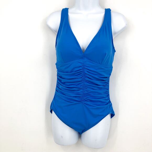 CONTOURS COCO REEF Solitaire V-Neck One Piece US 12 36C Azure Blue Underwire NWT - Picture 1 of 13